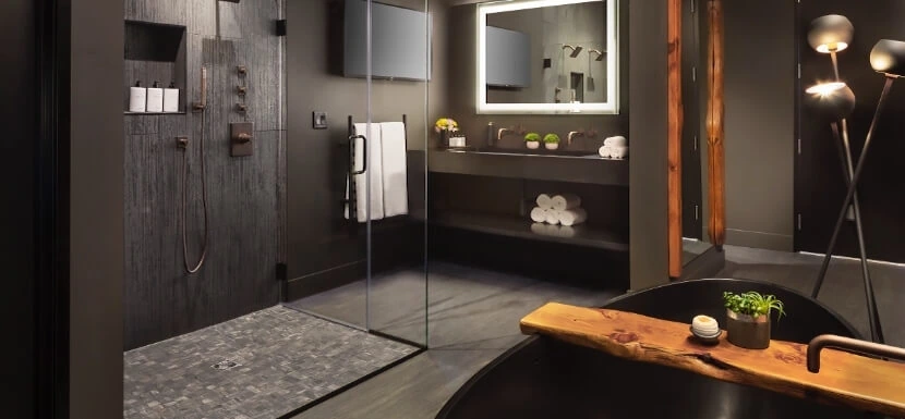 Luxury hotel bathroom with dark painted walls, a black freestanding bathtub, and a walk-in shower.