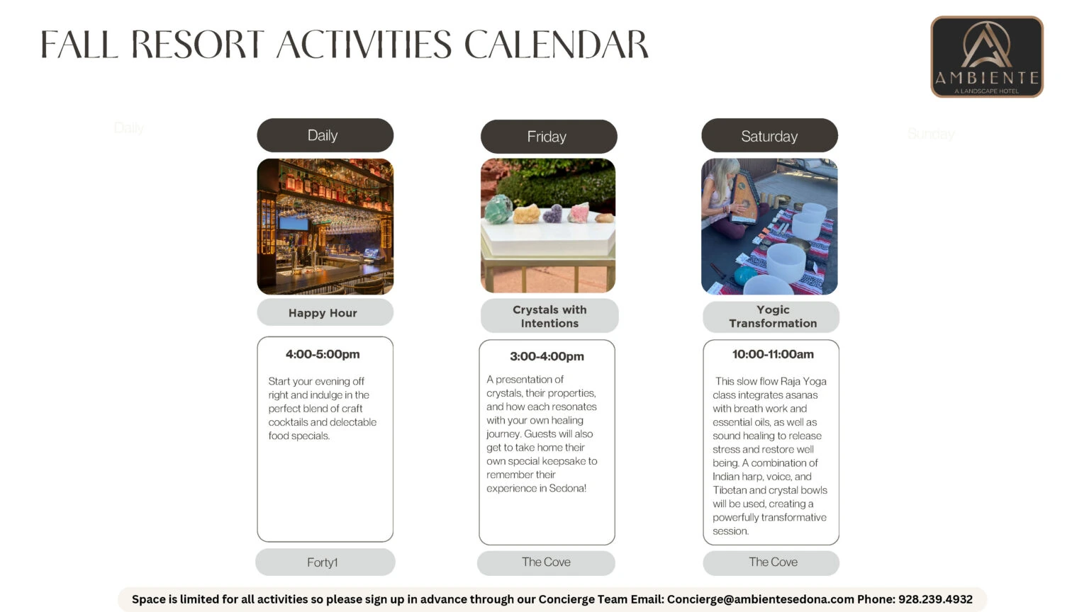 Ambiente fall activities calendar highlighting times for Happy Hour, Crystals with Intentions, and Yogic Transformation.