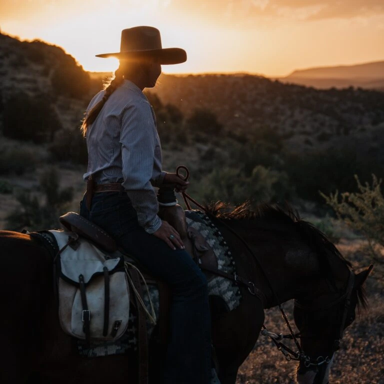 Silhouette of a person on horseback at sunset in a Sedona landscape with hills in the background.