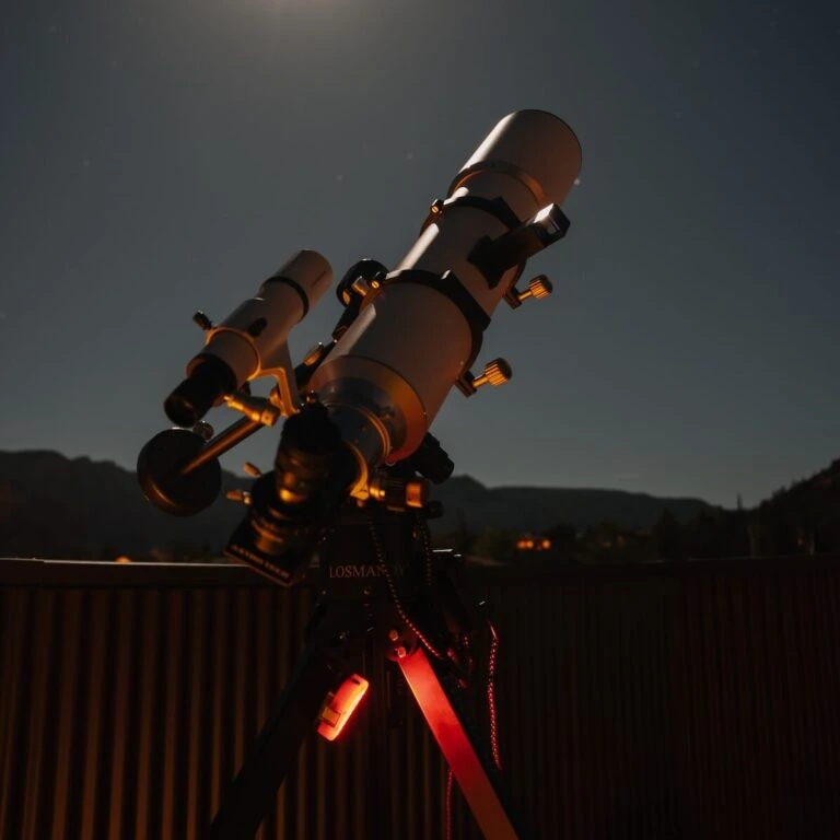 Telescope set up outdoors at night under a clear sky, aimed towards the horizon with faint mountains in the background.