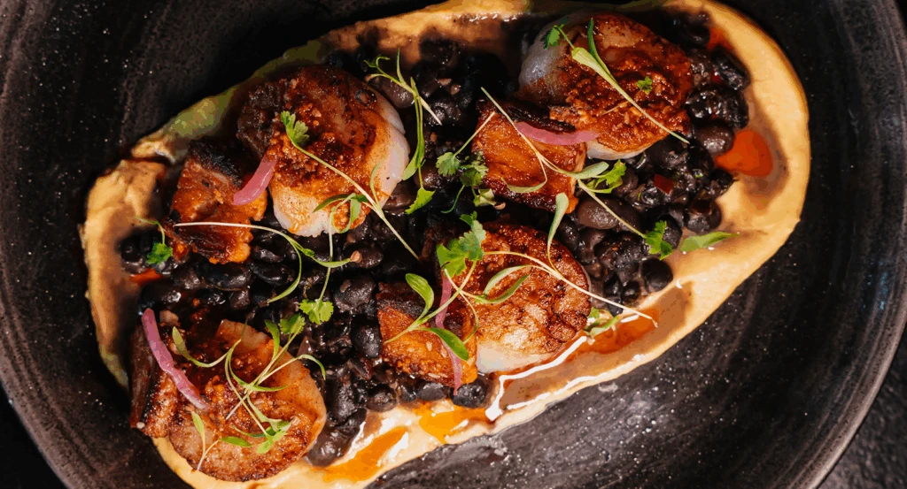 An overhead view of a gourmet dinner at a Sedona restaurants with a view