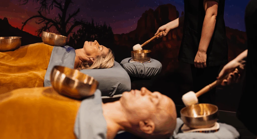 A man and woman receiving a sound bath during a Sedona wellness retreat