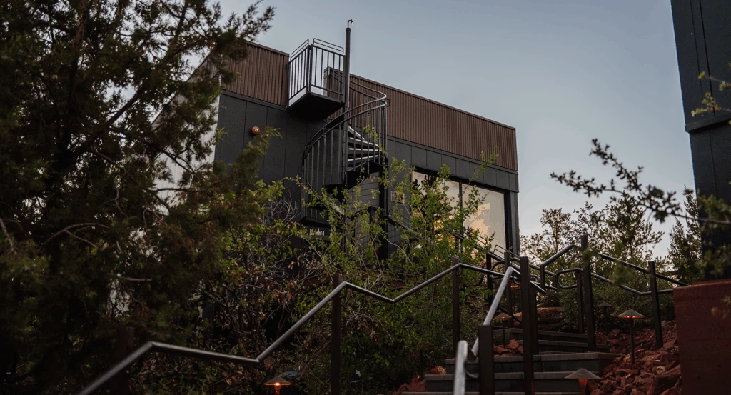 An atrium at Ambiente at dusk.