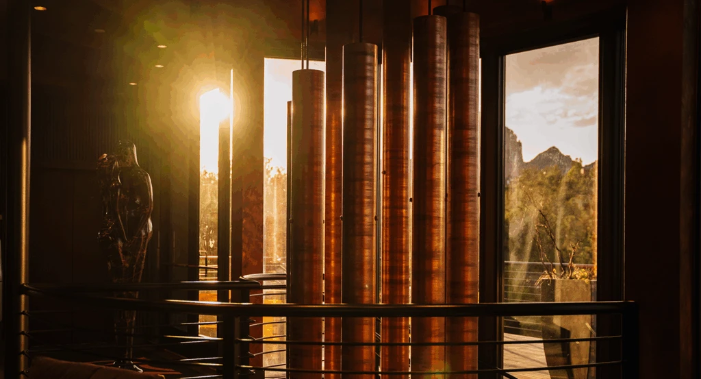 Copper wind chimes at the entrance to Velvet Spa at Ambiente