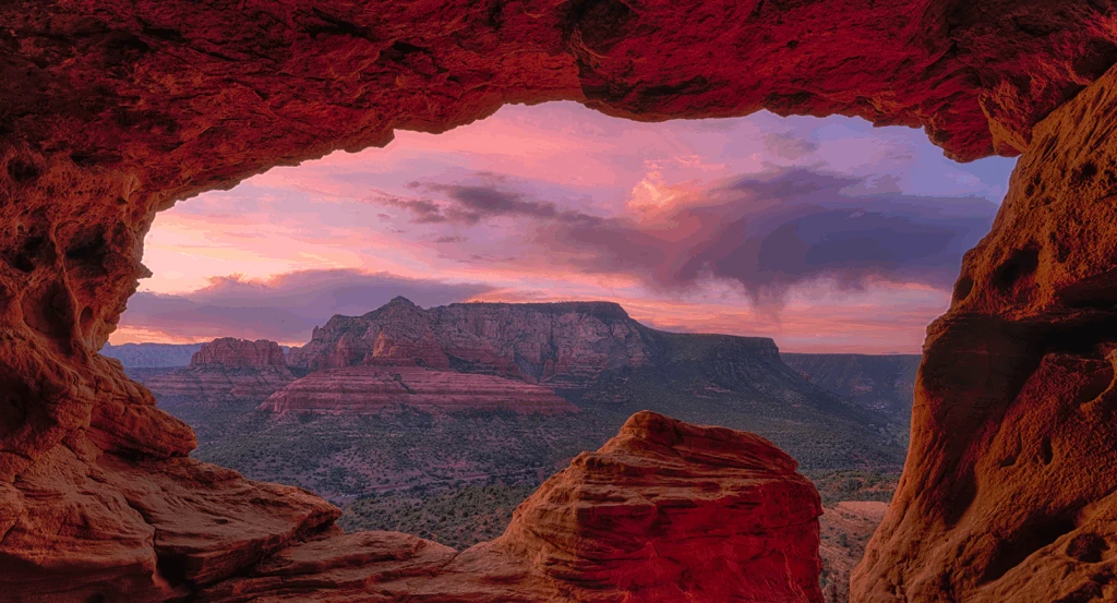 Under Devil's Trail Bridge Sedona looking out to the red rock landscape at sunset