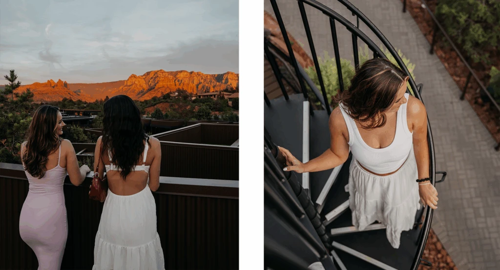 Two friends enjoying the panoramic views of the red rock formations from the rooftop at Ambiente.