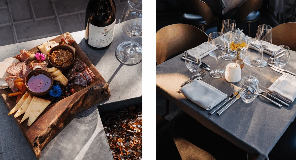 Charcuterie board and dining table at the onsite restaurant, Forty1.