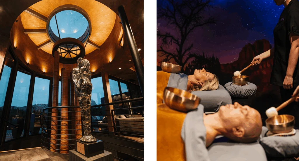 A statue of a couple embracing and a couple spa treatment during a Sedona couples getaway at Ambiente.
