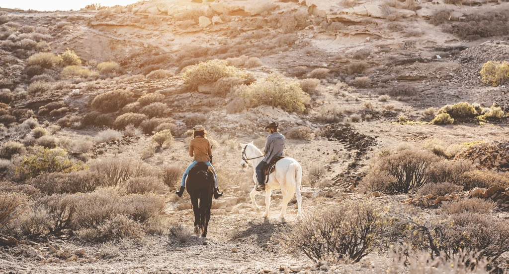 Two guests horseback riding Sedona style through the desert.