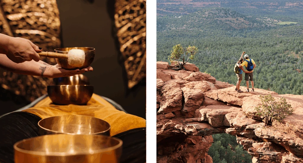 A split photo showing a sound treatment at a luxury spa and a couple hiking on a Sedona Arizona honeymoon