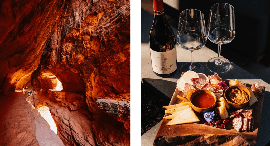 A split photo with red rock caves and a wine and cheese board at Ambiente