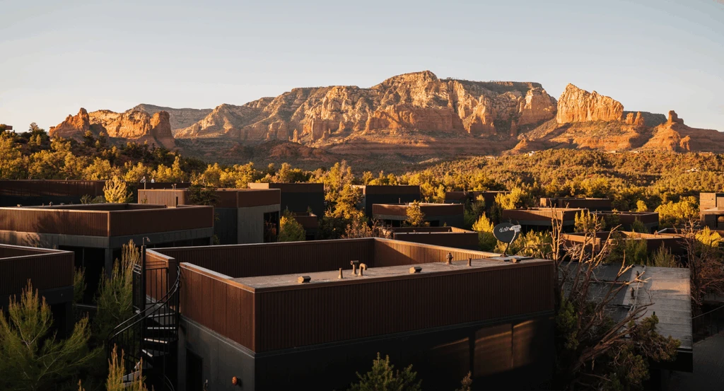 Views of the red rock landscape from the atrium rooftops at Ambiente, the perfect place for a 4-day Sedona itinerary