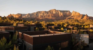Views of the red rock landscape from the atrium rooftops at Ambiente, the perfect place for a 4-day Sedona itinerary