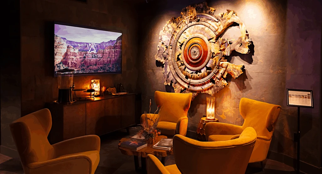 Velvet Spa lounge waiting room with four orange chairs