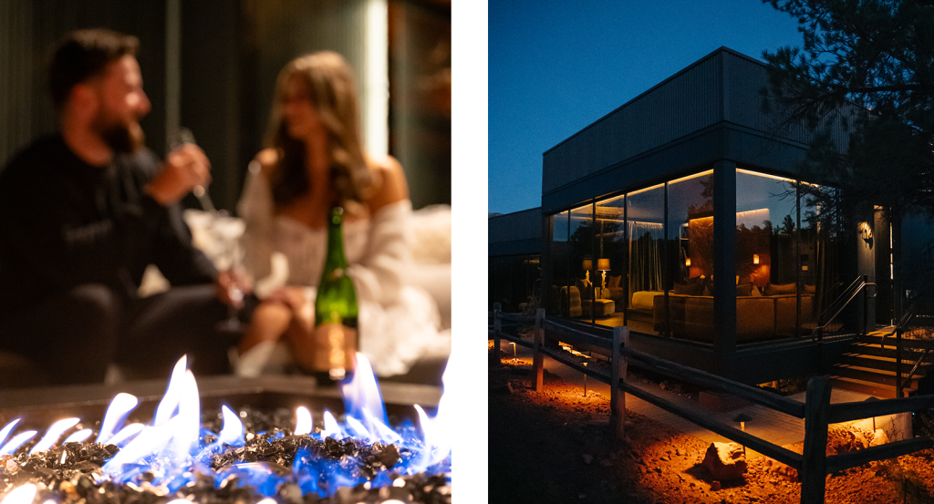 A couple sitting by the firepit and a private Atrium at night