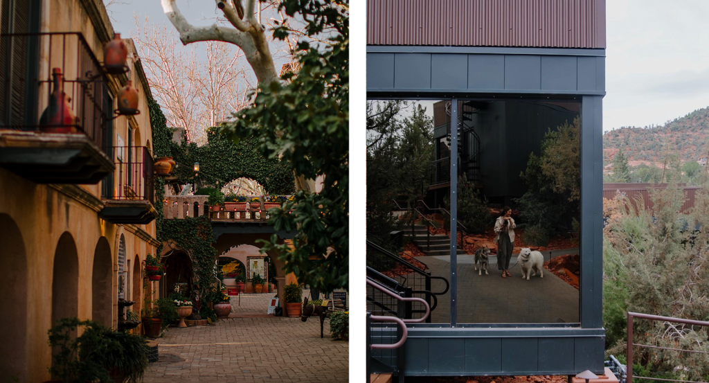 Dogs and owner in the reflection of an Ambiente atrium, one of the best pet-friendly hotels in Sedona AZ