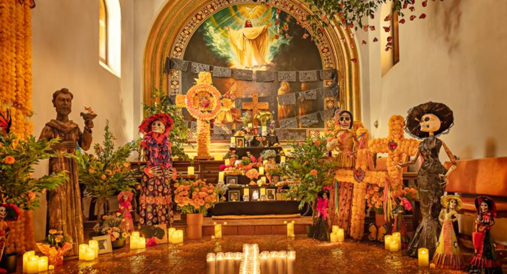 A church decorated for Dia de los Muertos
