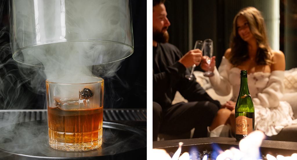 A smoking cocktail and a couple by a firepit at Ambiente