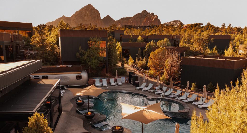 Ambiente's pool and atriums during October in Sedona