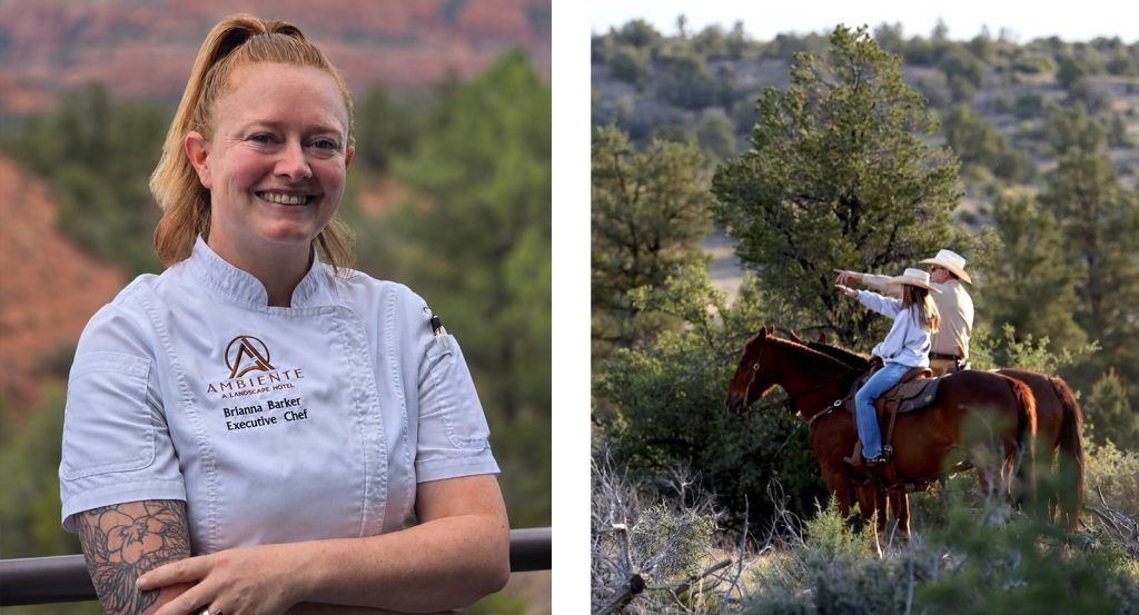 Chef Brianna Barker and two horseback riders at K4 ranch